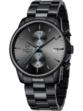 Men's Black Blue Classic Stainless Steel Waterproof Chronograph Quartz Watch